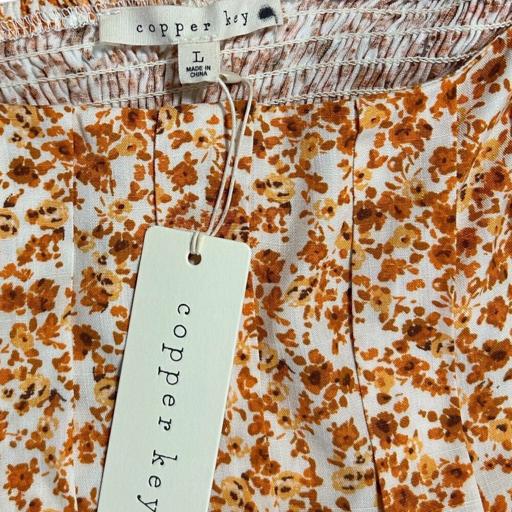 NWT Copper Key Floral Babydoll Dress Large Smocked Square Neck Long Sleeve Mini - Picture 9 of 11